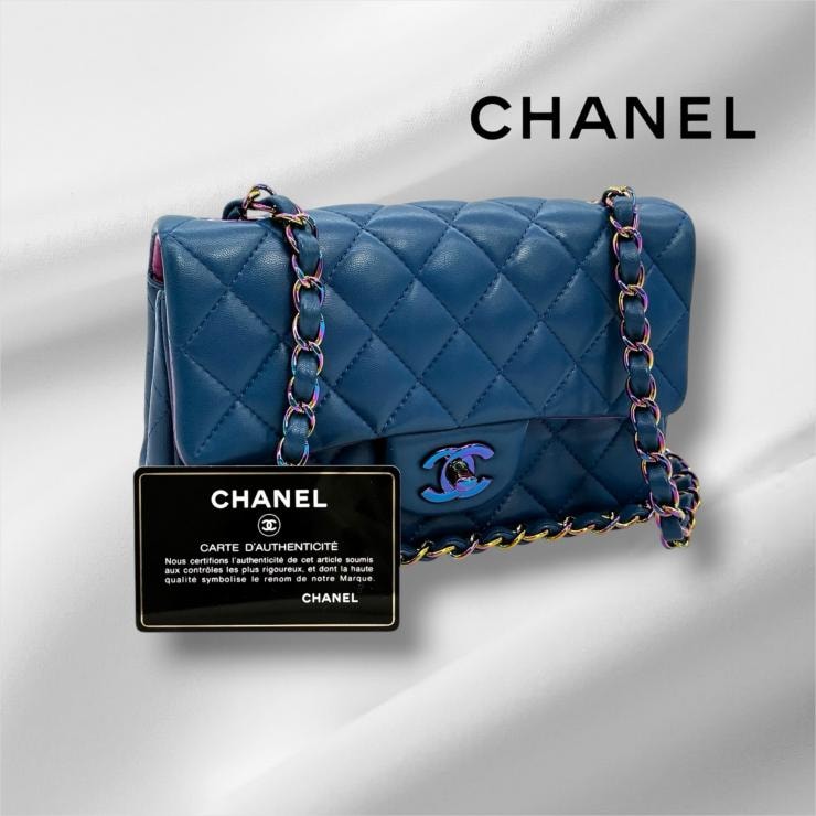 CHANEL シャネル ミニマトラッセ20 ラムスキン シングルフラップ シングルチェーンバッグ ブルー レインボー金具 ★美品★ ★ギャラ付★