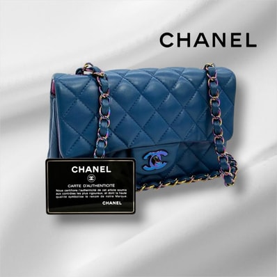 CHANEL シャネル ミニマトラッセ20 ラムスキン シングルフラップ シングルチェーンバッグ ブルー レインボー金具 ★美品★ ★ギャラ付★