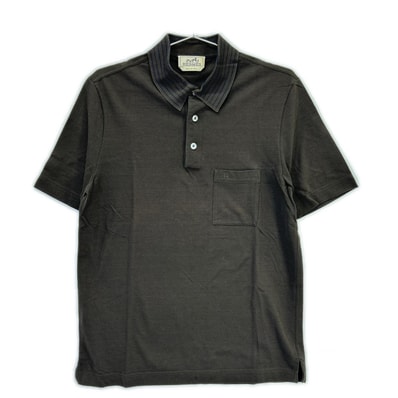 エルメス ブラウン 襟ストライプ カノコポロシャツ S