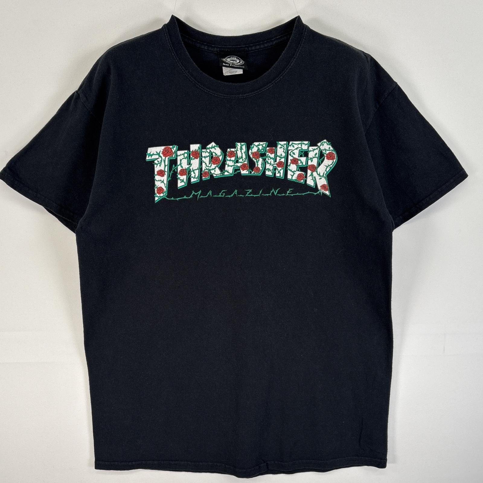 古着 スラッシャー THRASHER 半袖Tシャツ プリント ロゴ バラ スケボー M  ブラック メンズ