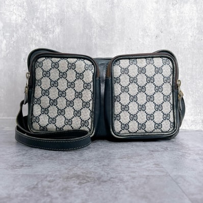 【GUCCI】グッチ GGロゴ モノグラム ショルダーバッグ ダブルポケット フロントポケット 総柄 横長 肩掛け ベージュ ネイビー レディース