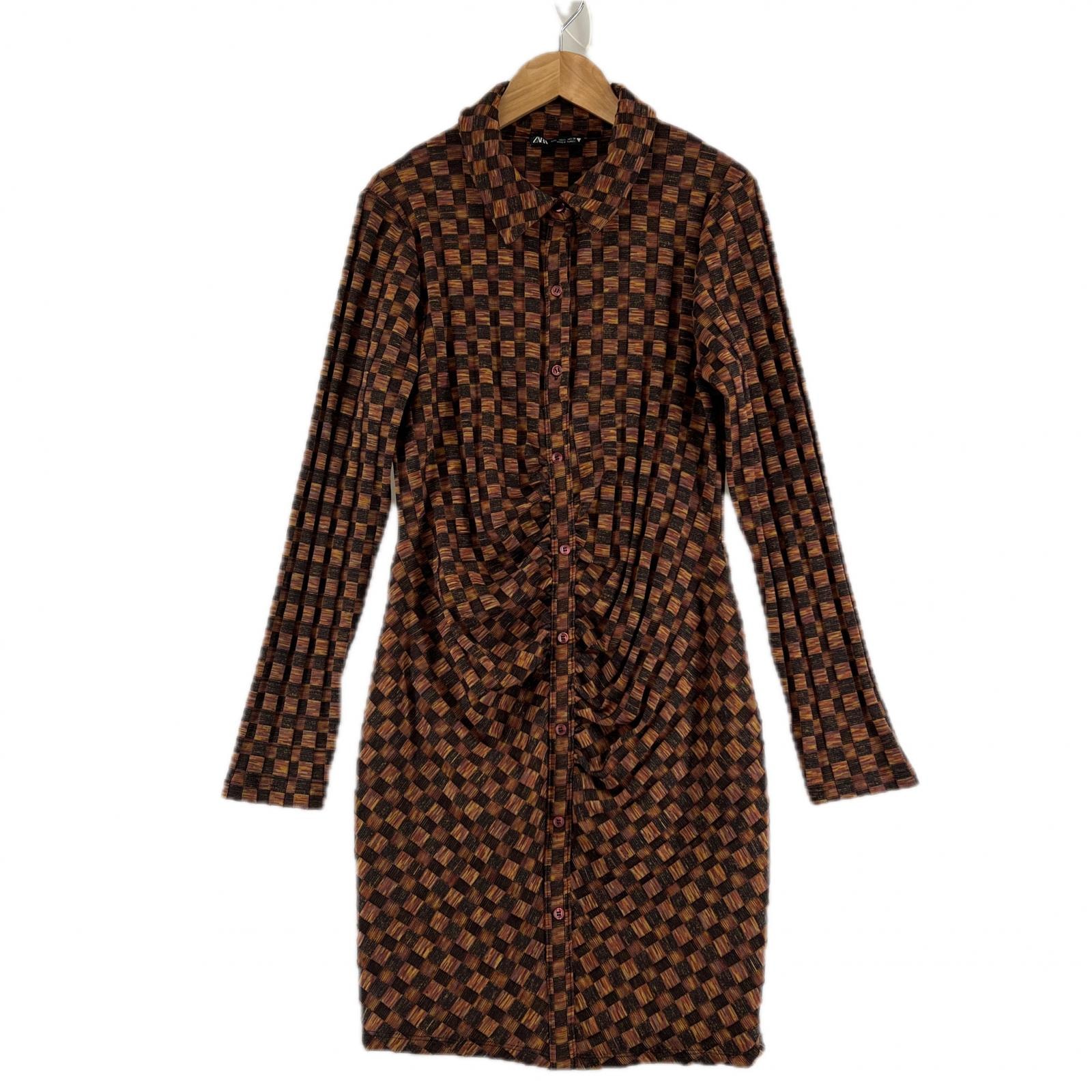 極美品 ZARA ザラ ギャザーワンピース チェック 秋冬 AW ワンピース ブラウン レディース L【古着】【中古】