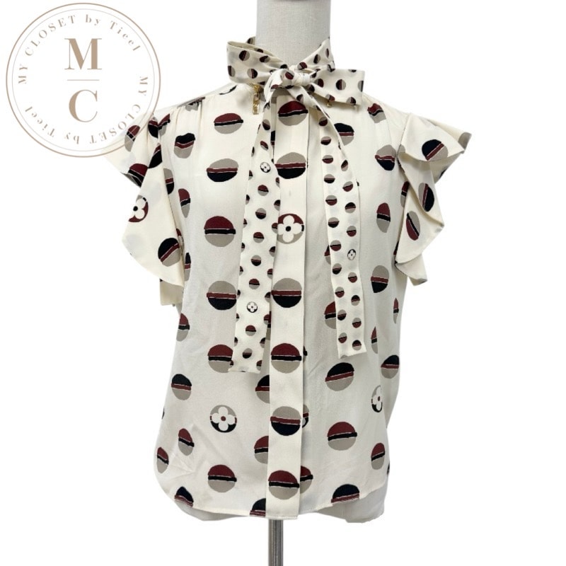 ルイヴィトン LOUIS VUITTON トップス シルク アイボリー マルチカラー ボウタイ ブラウス ノースリーブ