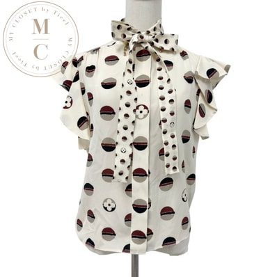 ルイヴィトン LOUIS VUITTON トップス シルク アイボリー マルチカラー ボウタイ ブラウス ノースリーブ