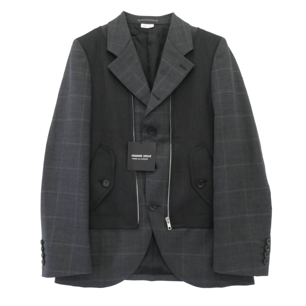 COMME des GARCONS HOMME DEUX コムデギャルソンオムドゥ ジャケット 25AW DP-J048-051 チェック柄 ドッキング フロントジップデザイン テーラードジャケット グレー系 XS【極上美品】【中古】