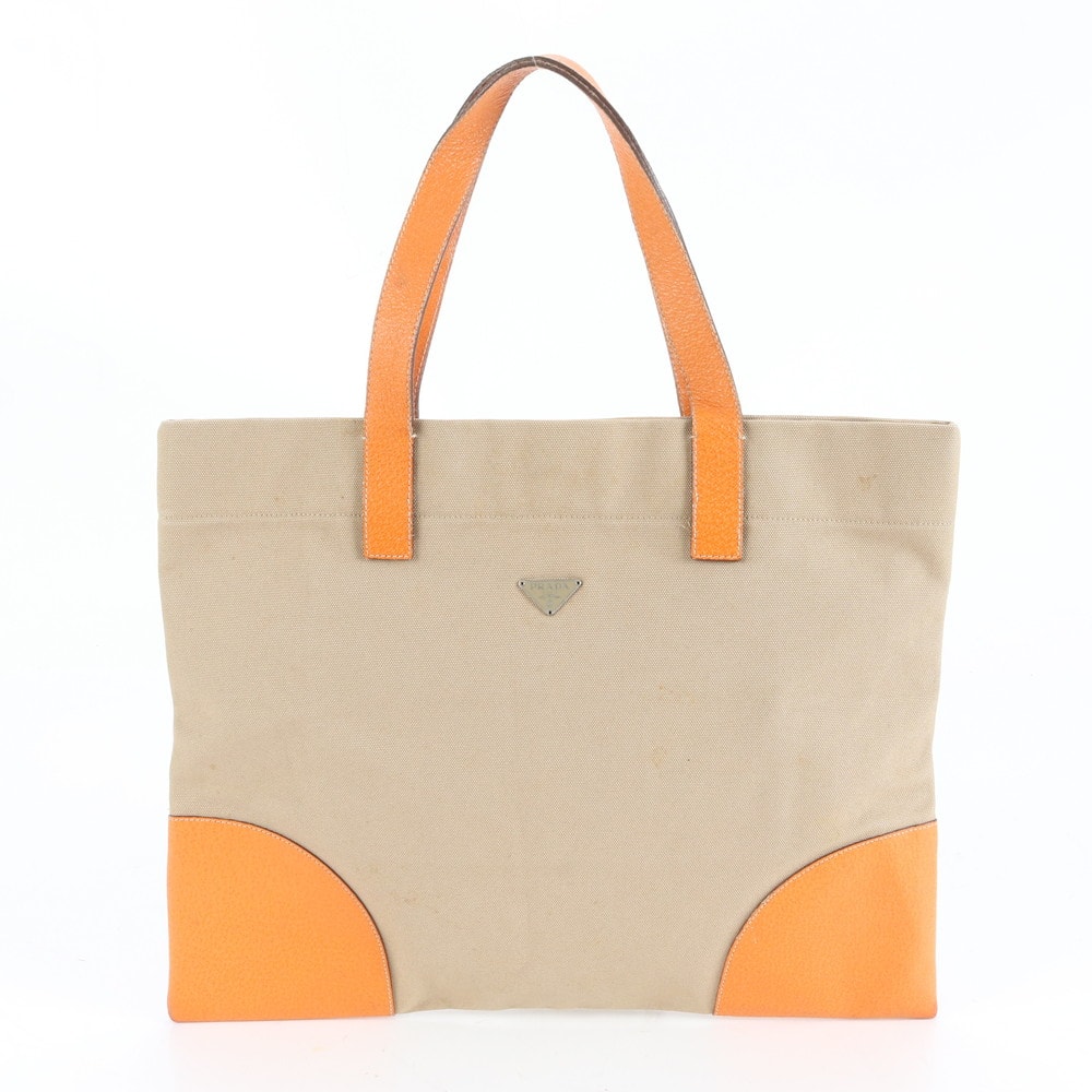 ■美品 プラダ 三角ロゴトート バッグ レザー×キャンバス