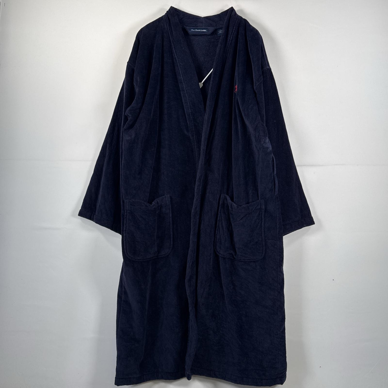 古着 ポロ・ラルフローレン POLO RALPH LAUREN ガウン・ルームローブコート ロング パイル タオル地 バスローブ S/M  ネイビー メンズ