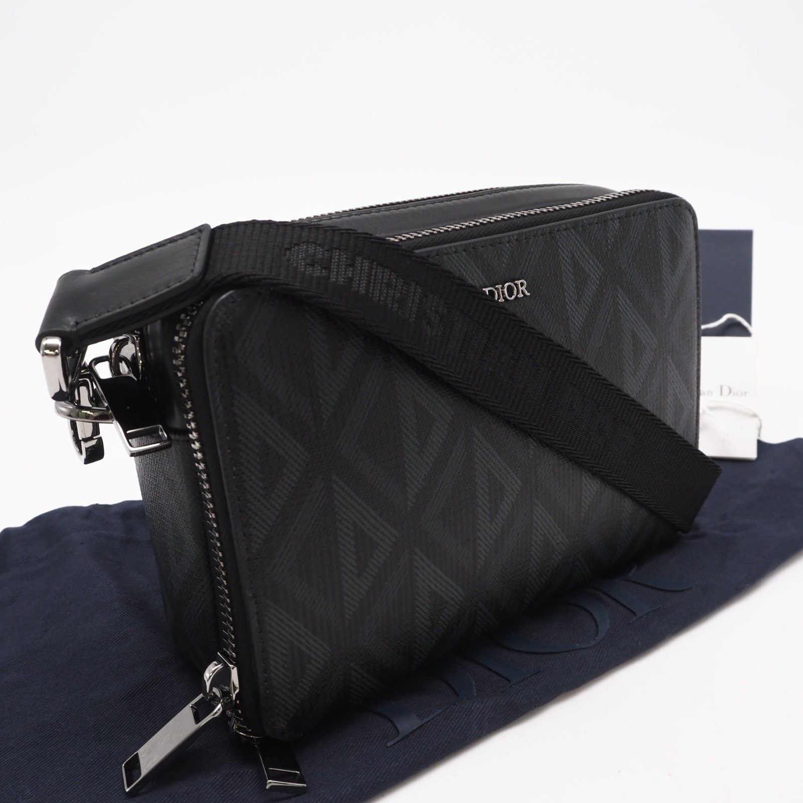 極美品 Dior ディオール CDダイヤモンド メッセンジャー ポーチ 2ESBC119 ショルダーバッグ ブラック グレー コーティングキャンバス レザー レディース