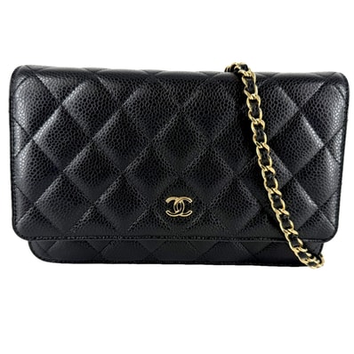 CHANEL シャネル チェーンウォレット マトラッセ ショルダーバッグ ココマーク 肩掛け 斜め掛け 財布 キャビアスキン ブラック 黒 ゴールド金具 レディース 美品【中古品】