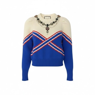 GUCCI グッチ パール ビジュー装飾 ブルー ホワイト ウール トップス A3-00248 【中古】