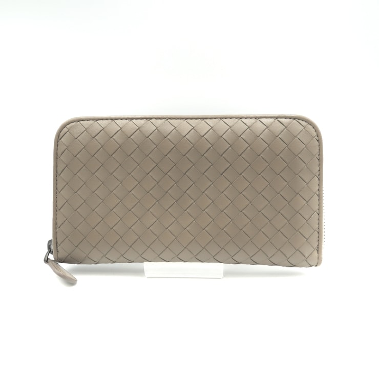 BOTTEGA VENETA(ボッテガ・ヴェネタ)イントレチャート ヴィンテージ ラウンドファスナー長財布 レザー グレージュ グレー メンズ レディース P00905984F【中古】