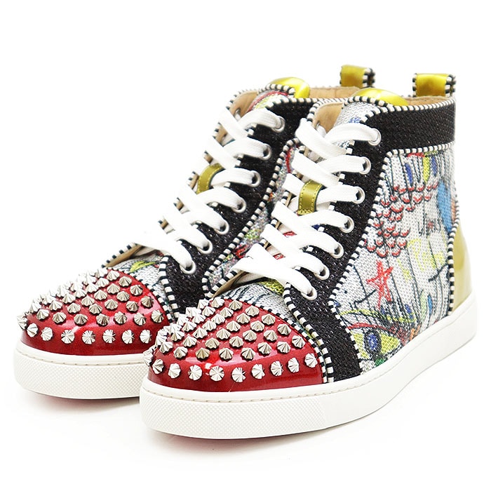 【新品同様】Christian Louboutin クリスチャンルブタン ハイカットスニーカー スタッズ スパンコール ロゴ グラフィック レザー メタリック レースアップ シューズ 靴 レディース サイズ 38 マルチカラー イタリア製