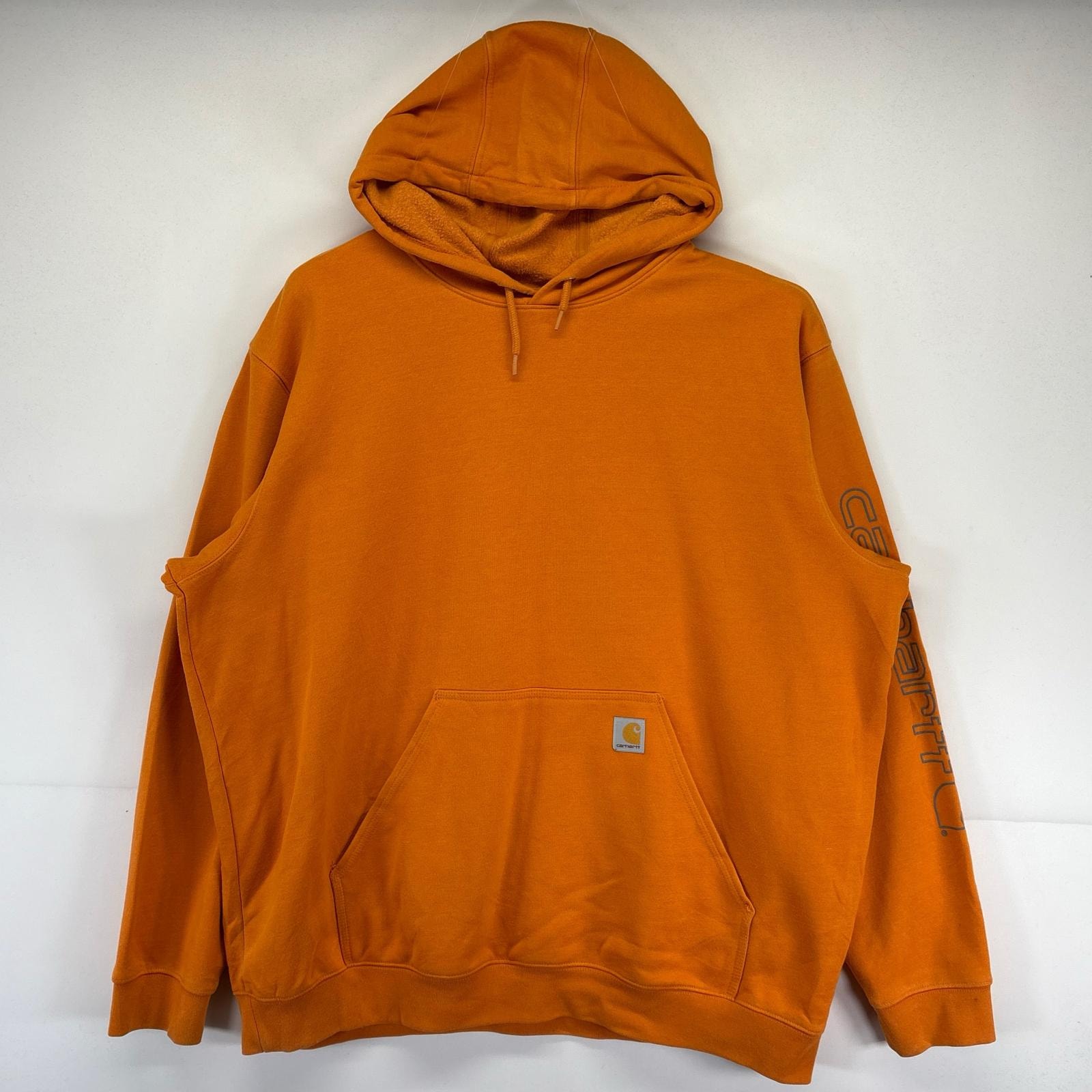 古着 カーハート Carhartt パーカー 大きいサイズ スウェット トレーナー 袖プリント プルオーバー ワンポイントロゴ 2XL  オレンジ メンズ