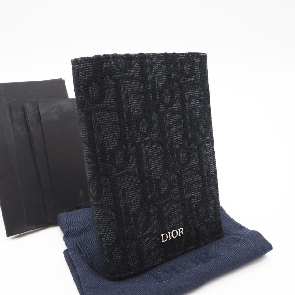 極美品 Dior ディオール ディオール オブリーク ジャカード 2つ折りカードホルダー 2ESCH138YSE_H03E カードケース ネイビー ブラック コットン カーフレザー レディース