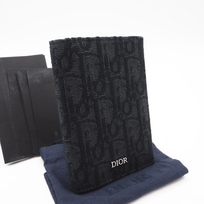極美品 Dior ディオール ディオール オブリーク ジャカード 2つ折りカードホルダー 2ESCH138YSE_H03E カードケース ネイビー ブラック コットン カーフレザー レディース