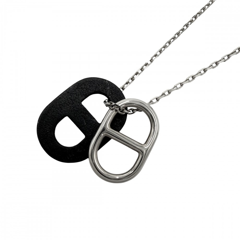 HERMES エルメス ネックレス アジャスター付き O'MAILLON オーマイヨン シェーヌダンクル ペンダント アクセサリー レザー シルバー ブラック 黒 レディース 約4.3g【中古品】