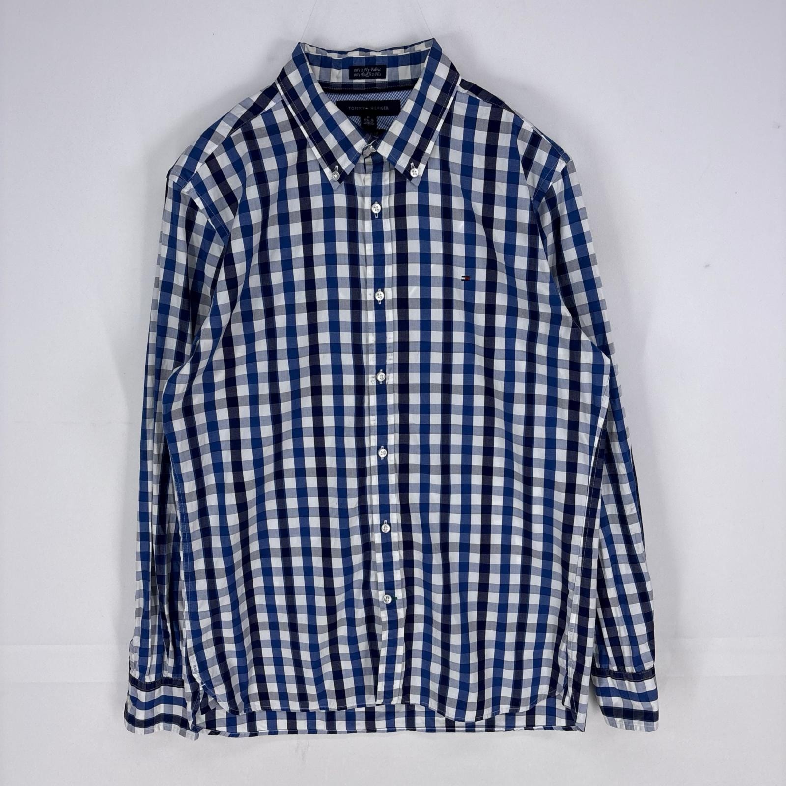 古着 トミーヒルフィガー TOMMY HILFIGER 長袖シャツ ボタンダウン ワンポイント 刺繍 ロングスリーブ M  ブルー系 チェック メンズ