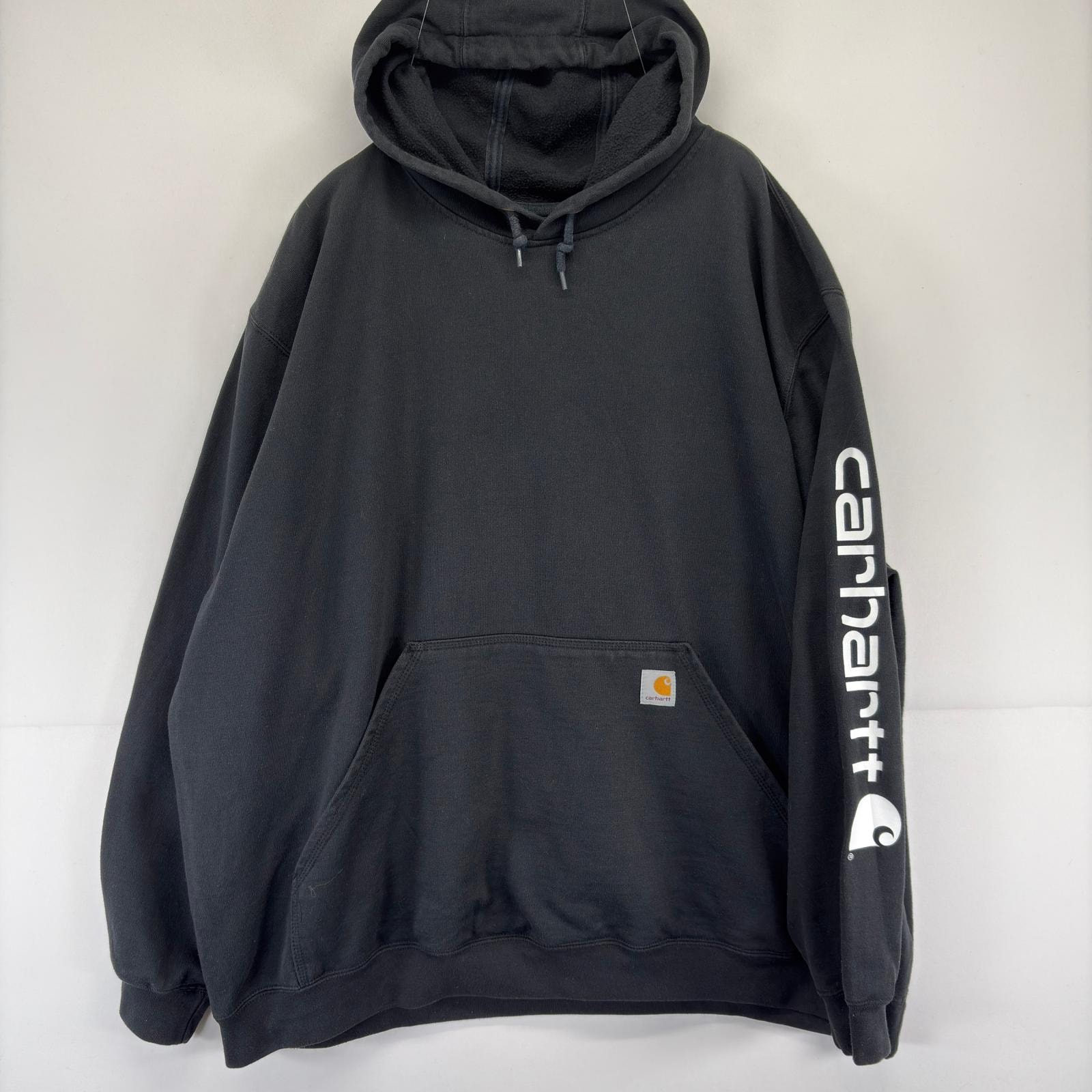 古着 カーハート Carhartt パーカー 袖ロゴ プリント ワンポイント スウェット 大きいサイズ 3XL  ブラック メンズ