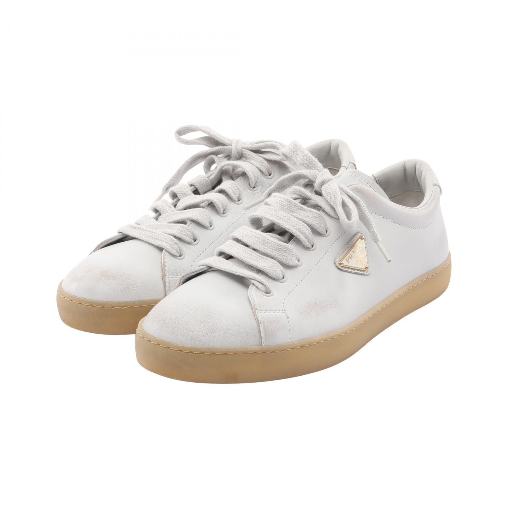 プラダ PRADA トライアングルロゴ ユーズド加工 スニーカー 靴 レザー メンズ ホワイト系 2EE413 【中古】