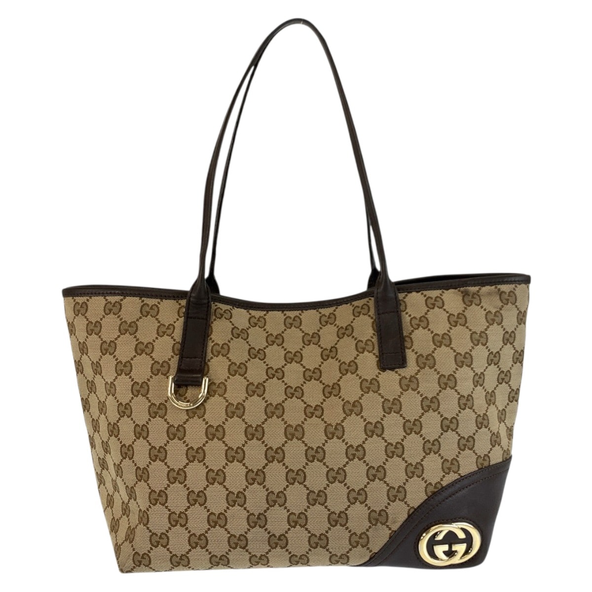 美品 GUCCI グッチ ニューブリット ベージュ ブラウン ゴールド金具 GGキャンバス レザー/ トートバッグ ショルダーバッグ 601312 【中古】