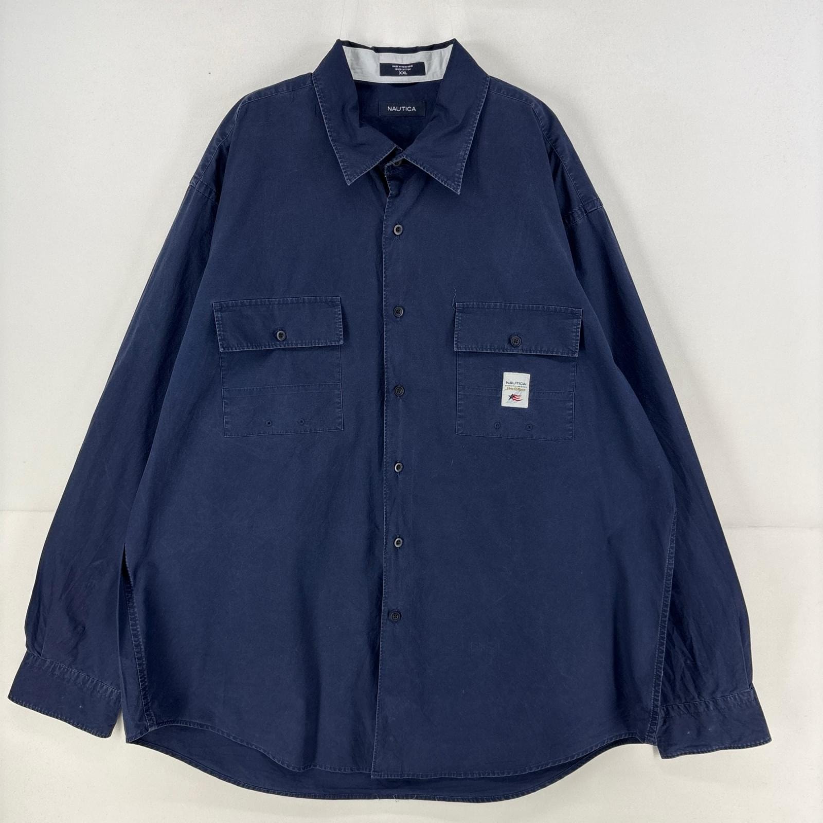 古着 ノーティカ NAUTICA 長袖シャツ ワンポイント ロゴ 大きいサイズ 胸ポケット 2XL  ネイビー メンズ