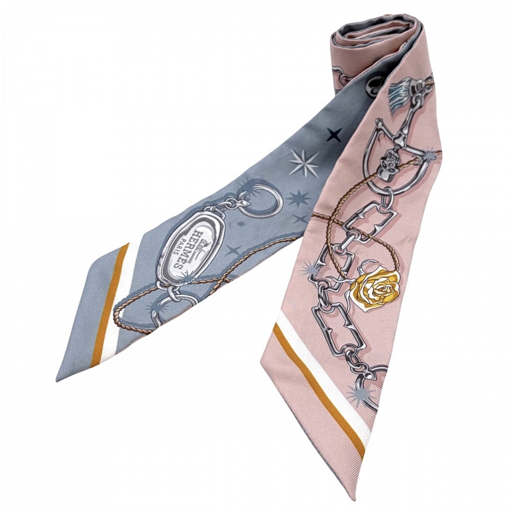 HERMES エルメス スカーフ ツイリー C'EST LA FETE セ・ラ・フェット Twilly ファッションアイテム シルク    ブルー 青 ピンク レディース【中古品】