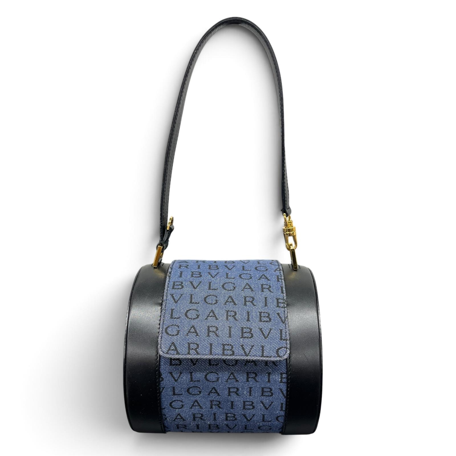BVLGARI 美品 ブルガリ B-zero1 ビーゼロワン ロゴマニア ドラムバッグ ハンドバッグ デニム レザー ブルー ブラック ショルダーバッグ 肩掛け ブルガリブルガリ Y2K ABランク 中古 鑑定済 ブルガリバッグ