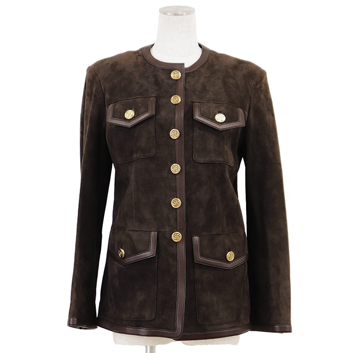 【新品同様】GUCCI グッチ ヌバックレザー ジャケット サイズ 42 レディース ロゴ アウター ダークブラウン ゴールド 茶色 イタリア製
