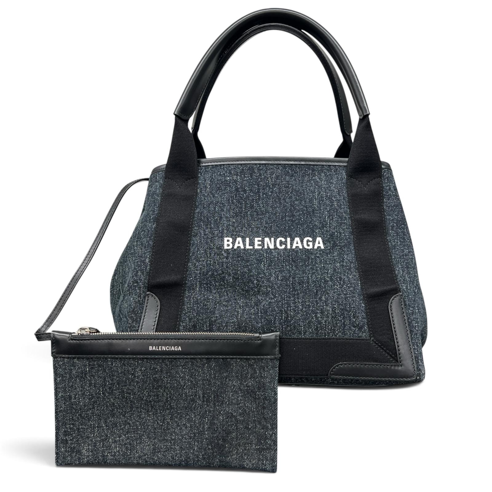 BALENCIAGA 極美品 バレンシアガ ネイビーカバスS トートバッグ 339933 デニム レザー ダークネイビー ブラック ロゴ ハンドバッグ 袋・ポーチ付属 Aランク 中古 鑑定済 バレンシアガバッグ