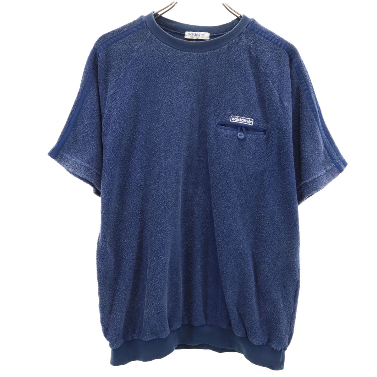 adidas アディダス 70s 80s デサント製 ヴィンテージ 半袖 パイル地 Tシャツ O ネイビー
