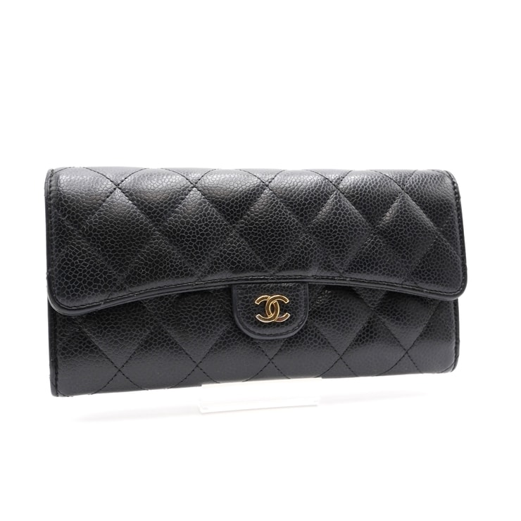 CHANEL(シャネル)クラシック ロング フラップ ウォレット ヴィンテージ 長財布 マトラッセ キャビアスキン ブラック ゴールド金具 レディース【中古】