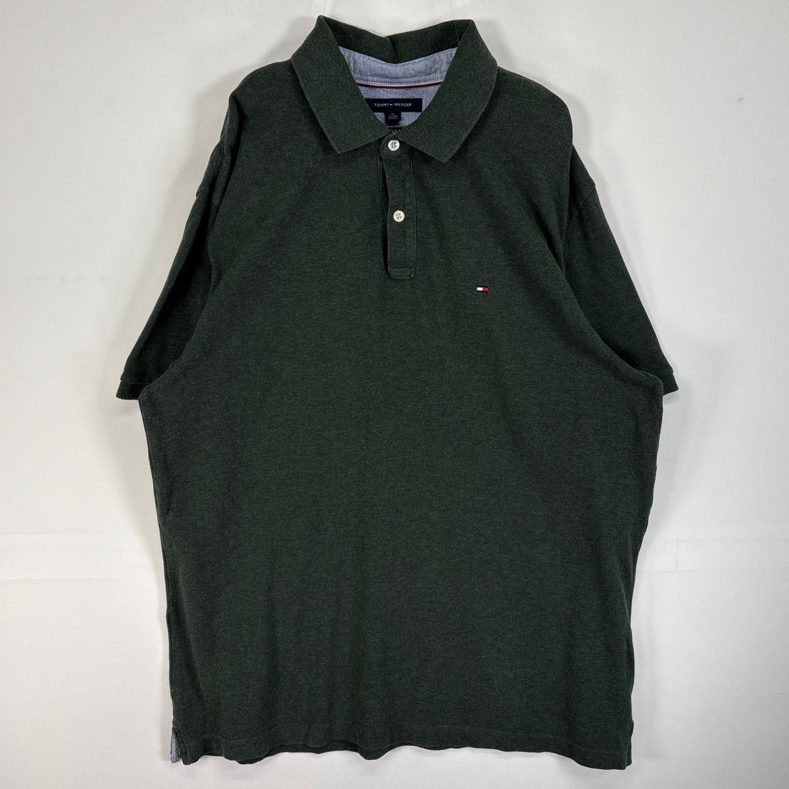 古着 トミーヒルフィガー TOMMY HILFIGER 鹿の子 半袖 ポロシャツ ロゴ 刺繍 2ボタン 大きいサイズ XL  グリーン系 無地 メンズ