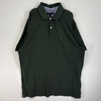 古着 トミーヒルフィガー TOMMY HILFIGER 鹿の子 半袖 ポロシャツ ロゴ 刺繍 2ボタン 大きいサイズ XL グリーン系 無地 メンズ