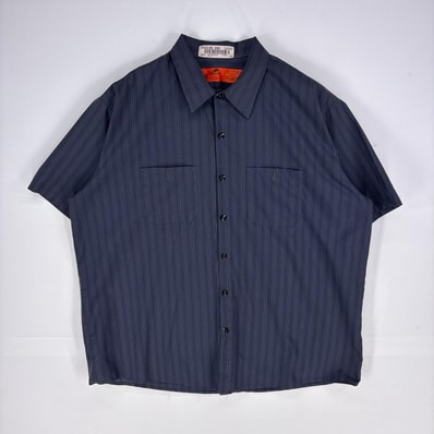古着 レッドキャップ RED KAP 半袖シャツ ワーク 胸ポケット ショートスリーブ 大きいサイズ 2XL ダークグレー系 ストライプ メンズ