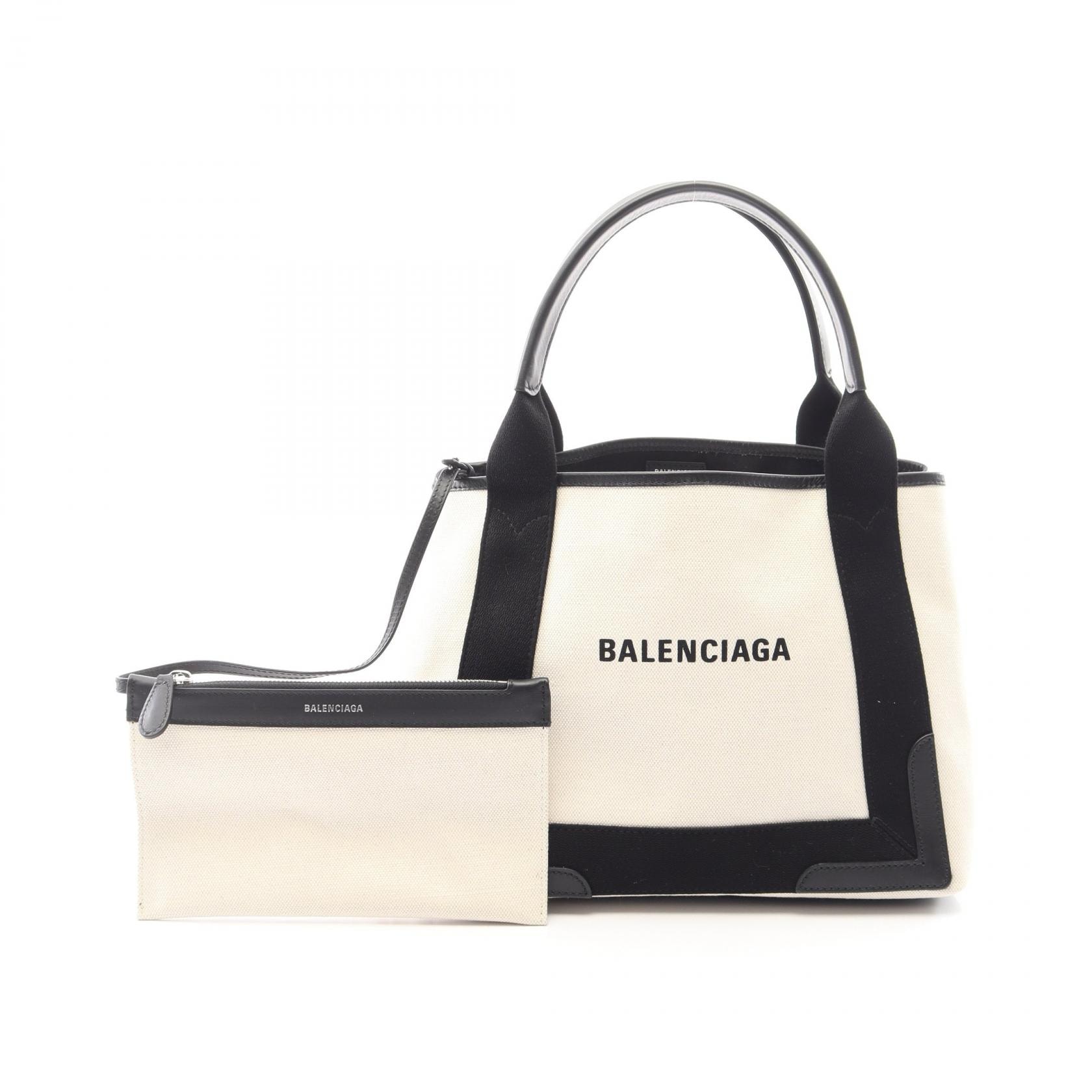 バレンシアガ BALENCIAGA NAVY CABAS S ネイビーカバ トートバッグ バッグ キャンバス レザー レディース アイボリー系 / ブラック系 339933 【中古】