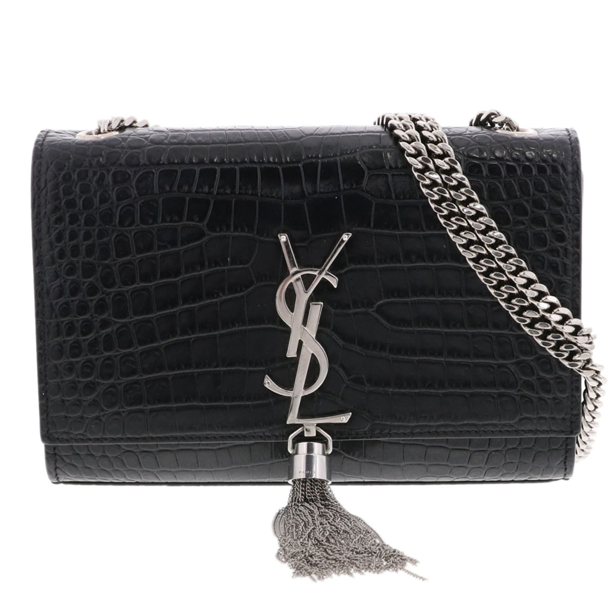 SAINT LAURENT PARIS サンローランパリ クロコ型押し ケイト タッセル スモール チェーン ショルダーバッグ 474366 レザー ブラック シルバー  レディース【中古】
