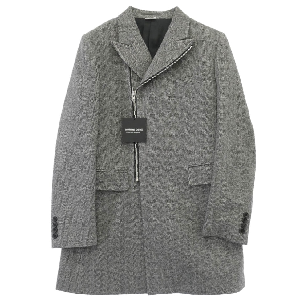 COMME des GARCONS HOMME DEUX コムデギャルソンオムドゥ コート 25AW DP-J052-051 ヘリンボーン ピークドラペル ジップアップ チェスターコート グレー系 S【極上美品】【中古】