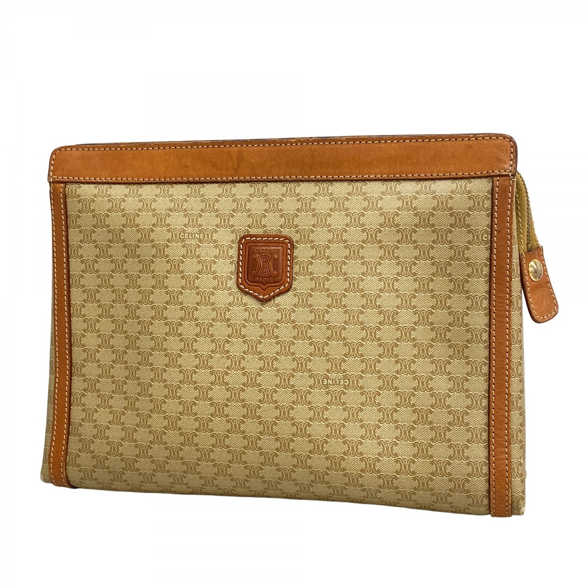 【6dc3217-k】セリーヌ クラッチバッグ マカダム PVC ベージュ ブラウン ゴールド金具【中古】メンズ レディース ユニセックス