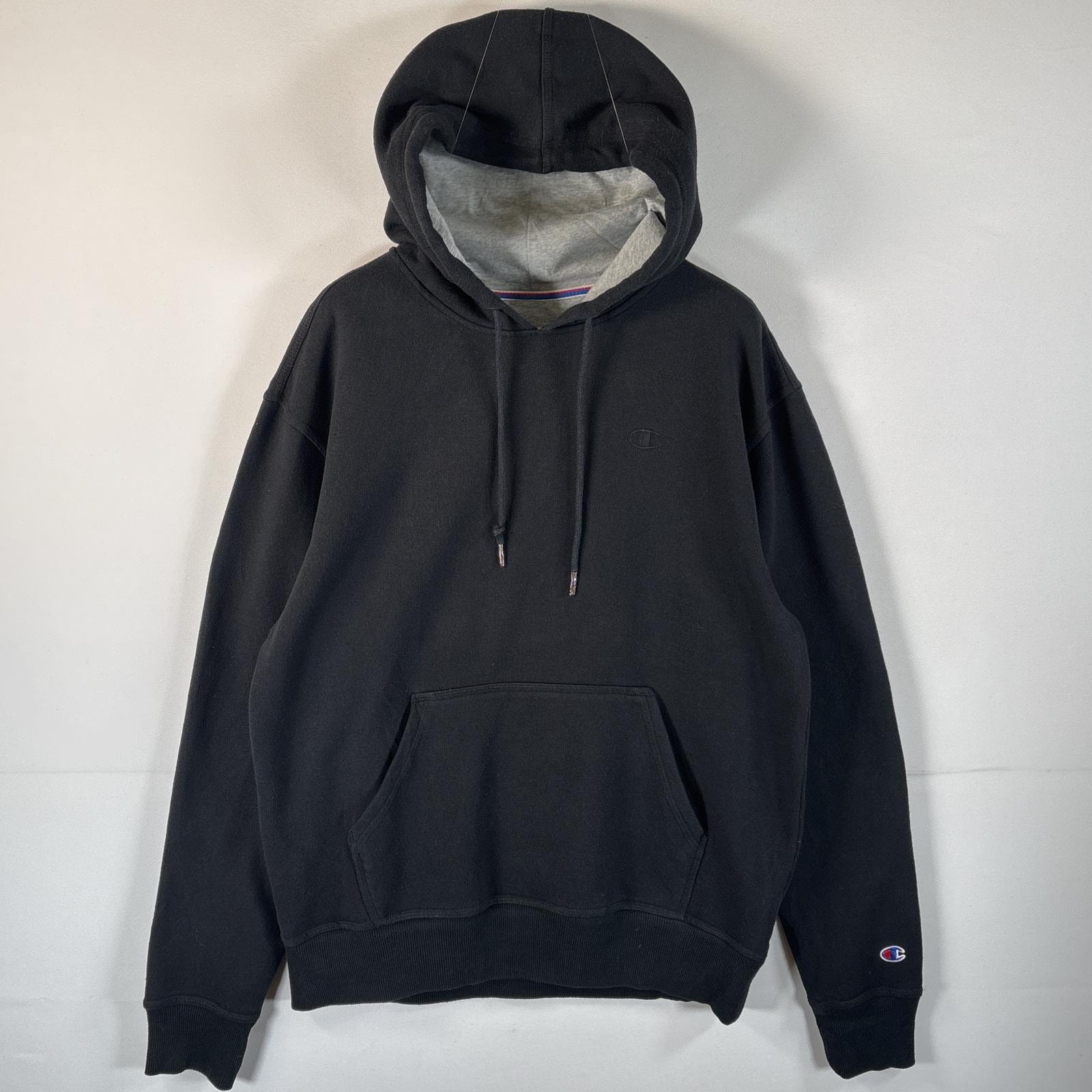 古着 チャンピオン Champion パーカー プルオーバー ワンポイントロゴ刺繍 フーディ マフポケット M  ブラック メンズ