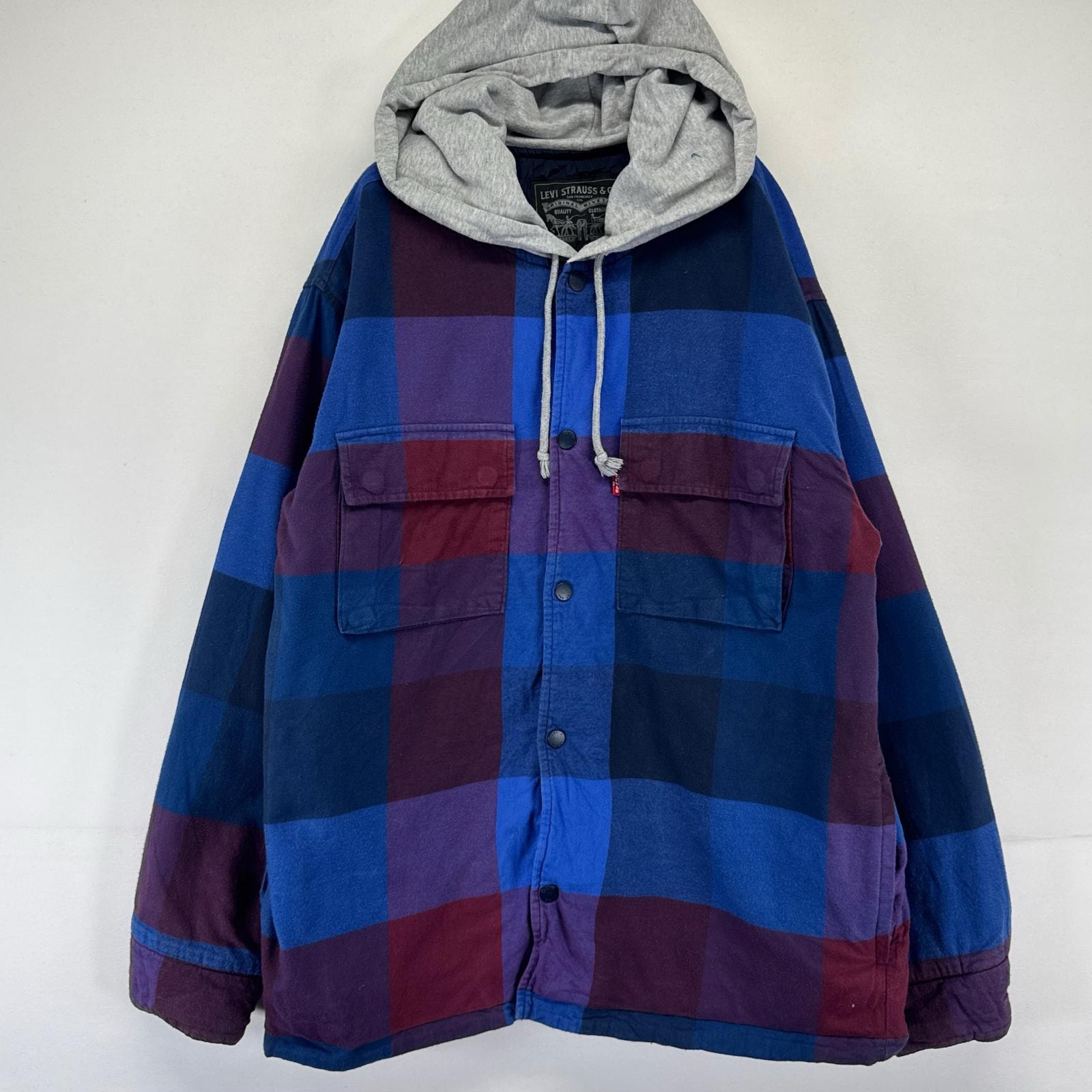 古着 リーバイス Levi's ジャケット フーディー ワンポイントロゴ 胸ポケット パーカー S  ネイビー系 チェック メンズ