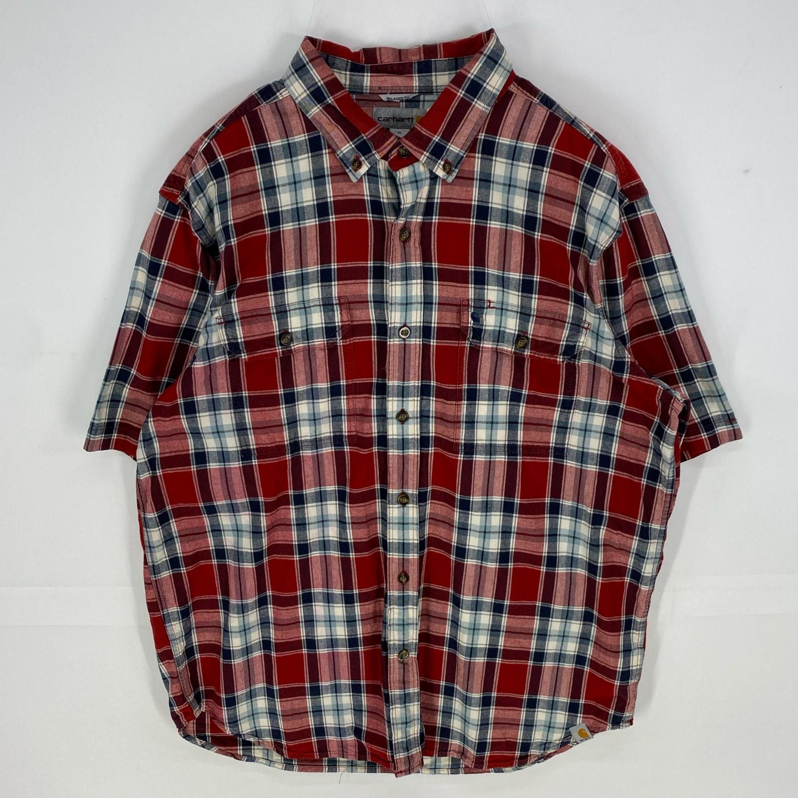 古着 カーハート Carhartt 半袖シャツ 刺繍ロゴ リラックスフィット ボタンダウン ショートスリーブ XL  レッド系 メンズ