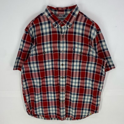 古着 カーハート Carhartt 半袖シャツ 刺繍ロゴ リラックスフィット ボタンダウン ショートスリーブ XL レッド系 メンズ