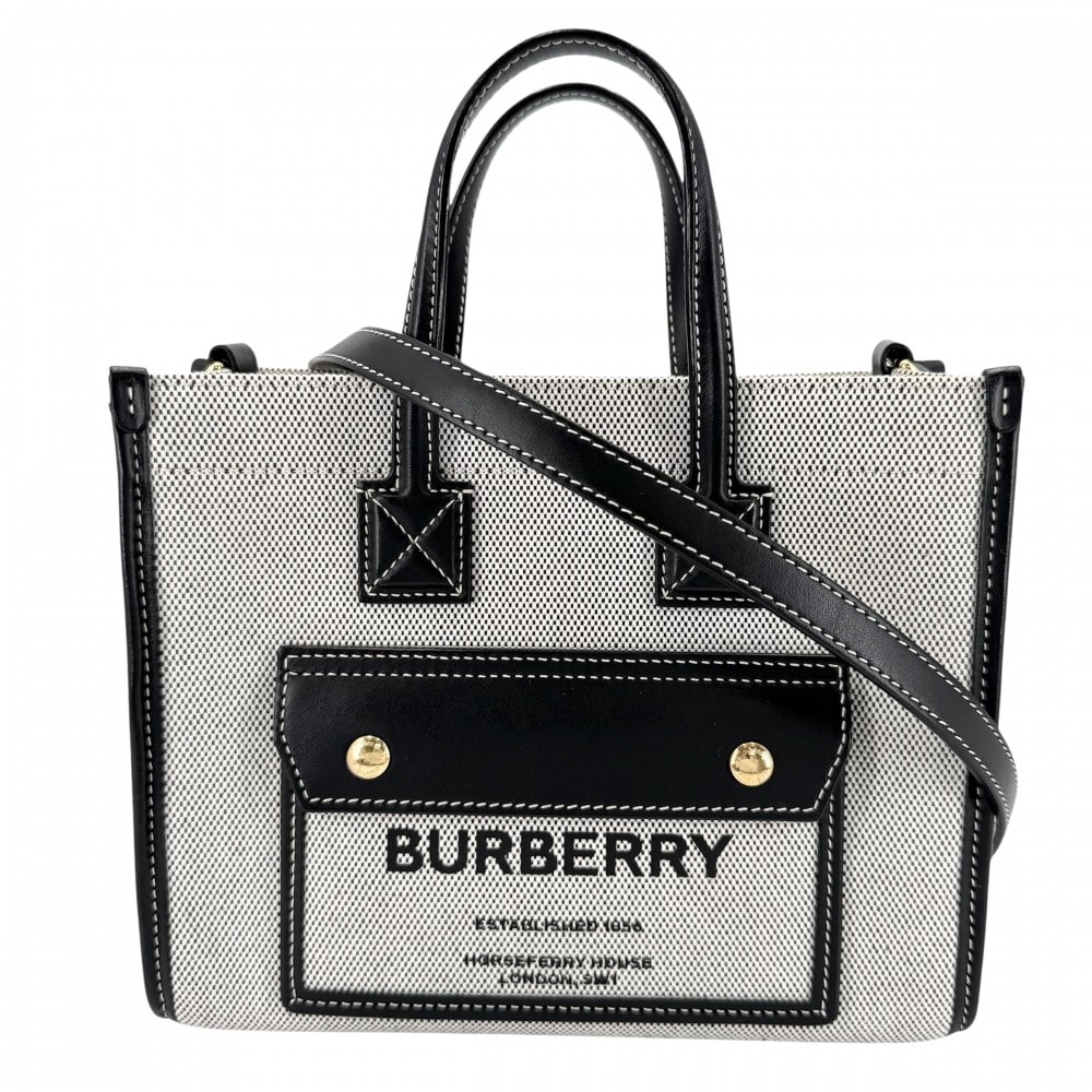 BURBERRY バーバリー 2WAY フレヤトート ミニ ハンドバッグ ショルダーバッグ 肩掛け 斜め掛け 8044142 キャンバス  レザー   ブラック 黒 アイボリー ゴールド金具 レディース【中古品】