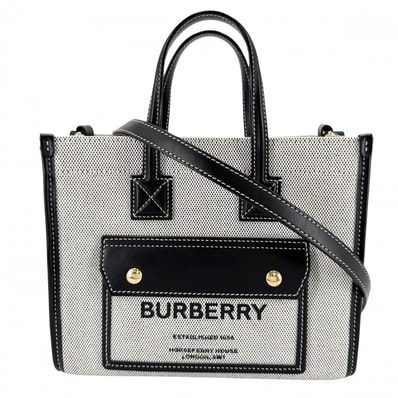 BURBERRY バーバリー 2WAY フレヤトート ミニ ハンドバッグ ショルダーバッグ 肩掛け 斜め掛け 8044142 キャンバス レザー ブラック 黒 アイボリー ゴールド金具 レディース【中古品】