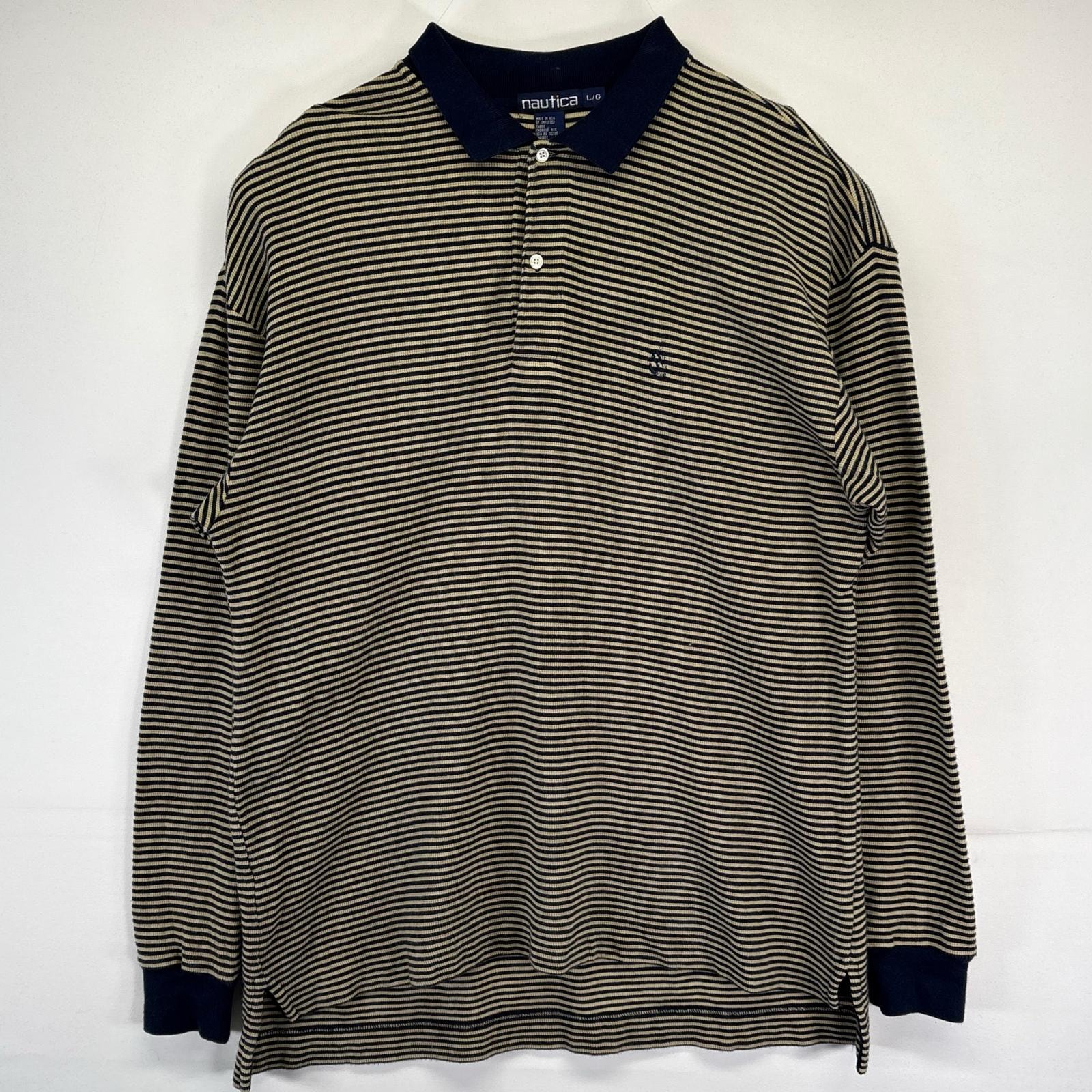古着 90's/90年代 ノーティカ NAUTICA USA製 長袖 ポロシャツ ボーダー柄 ワンポイントロゴ刺繍 襟 L ベージュ メンズ