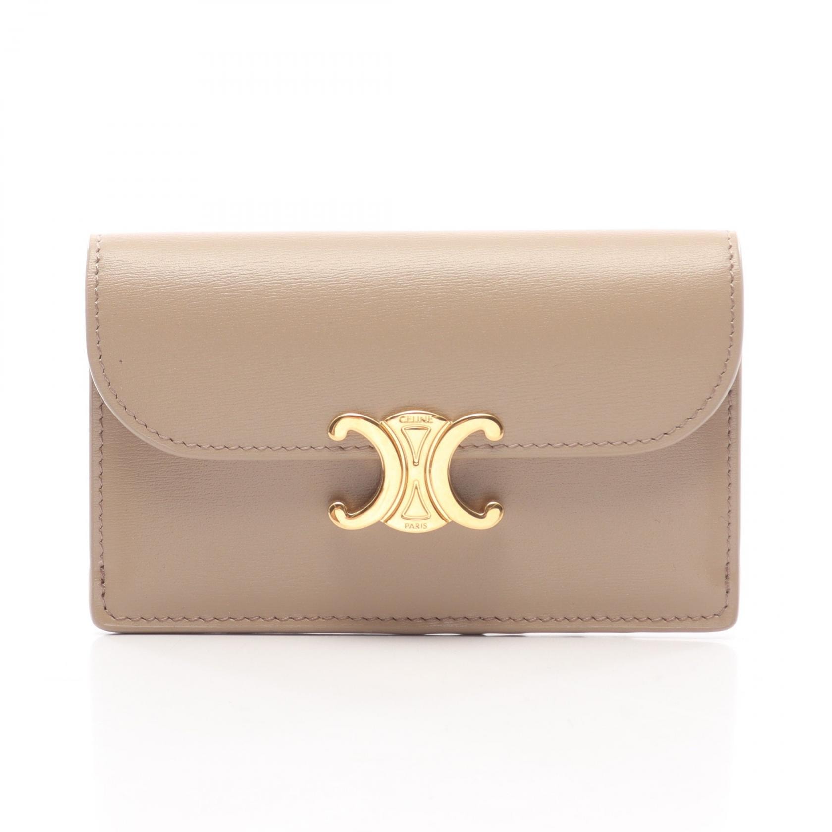 セリーヌ CELINE ロングカードホルダー トリオンフ カードケース アクセサリー フレザー レディース ベージュ系 【中古】
