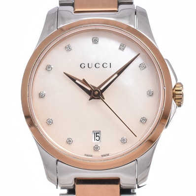 グッチ GUCCI 126.5 Gタイムレス 12P ダイヤモンド ホワイトシェル クォーツ レディース 良品 腕時計 J#150112