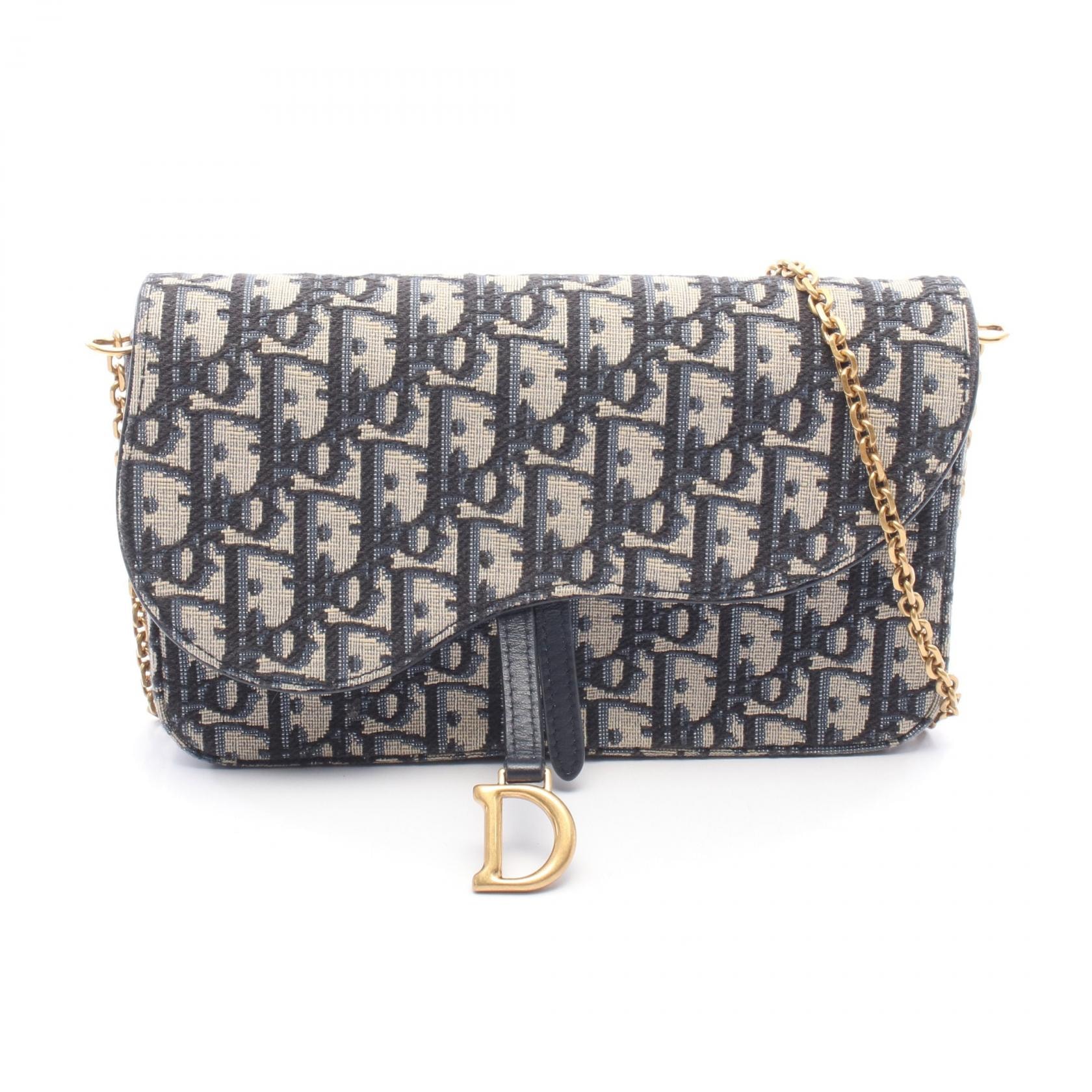 ディオール Dior SADDLE チェーンポーチ ミディアム オブリーク ジャカード ショルダーバッグ バッグ キャンバス レザー レディース ネイビー系 / ベージュ系 S5907CTZQ_M928 【中古】