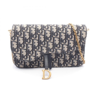 ディオール Dior SADDLE チェーンポーチ ミディアム オブリーク ジャカード ショルダーバッグ バッグ キャンバス レザー レディース ネイビー系 / ベージュ系 S5907CTZQ_M928 【中古】