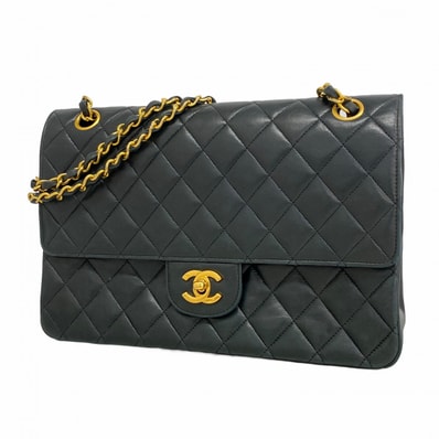【6dc2835-k】シャネル ショルダーバッグ マトラッセ Wフラップ Wチェーン ラムスキン ブラック ゴールド金具【中古】レディース